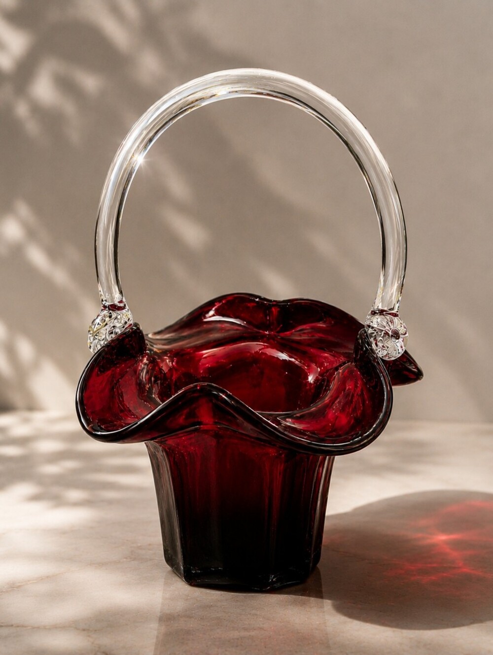 Vintage Ruby Red Art Glass Ruffled Basket Clear Handle MCM